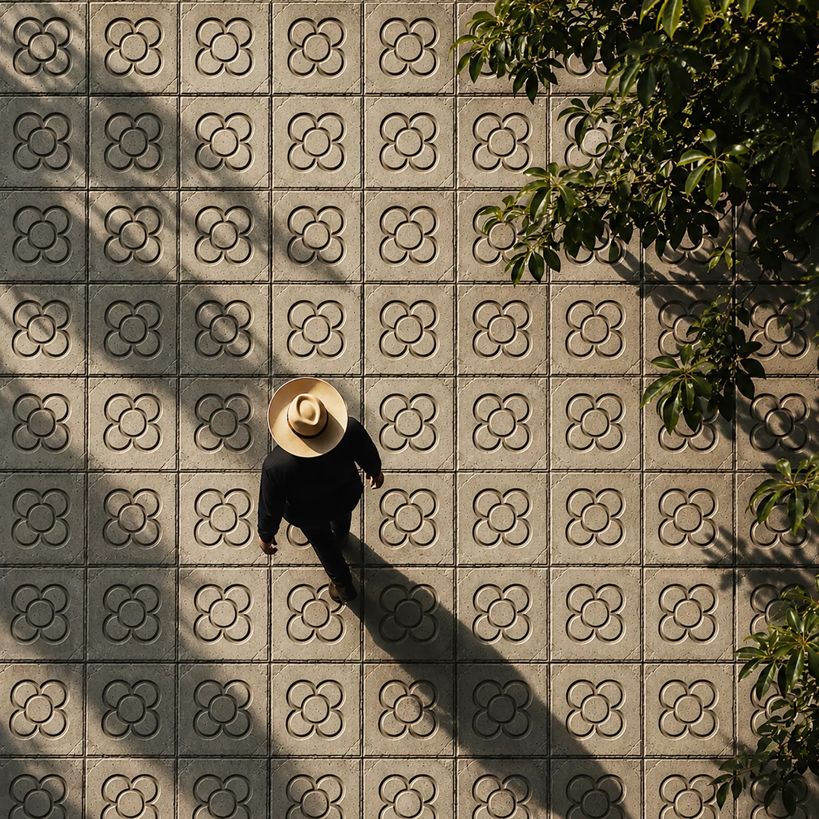 Aerial view of a person in a straw hat walking over Barcelona's four-petal Panot de Flor pavement, crossed by tree shadows.
